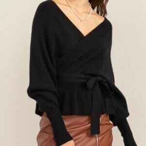 Long Sleeve Tiered Hen Wrap Front Knit Sweater with Crisscross Back Detail Top